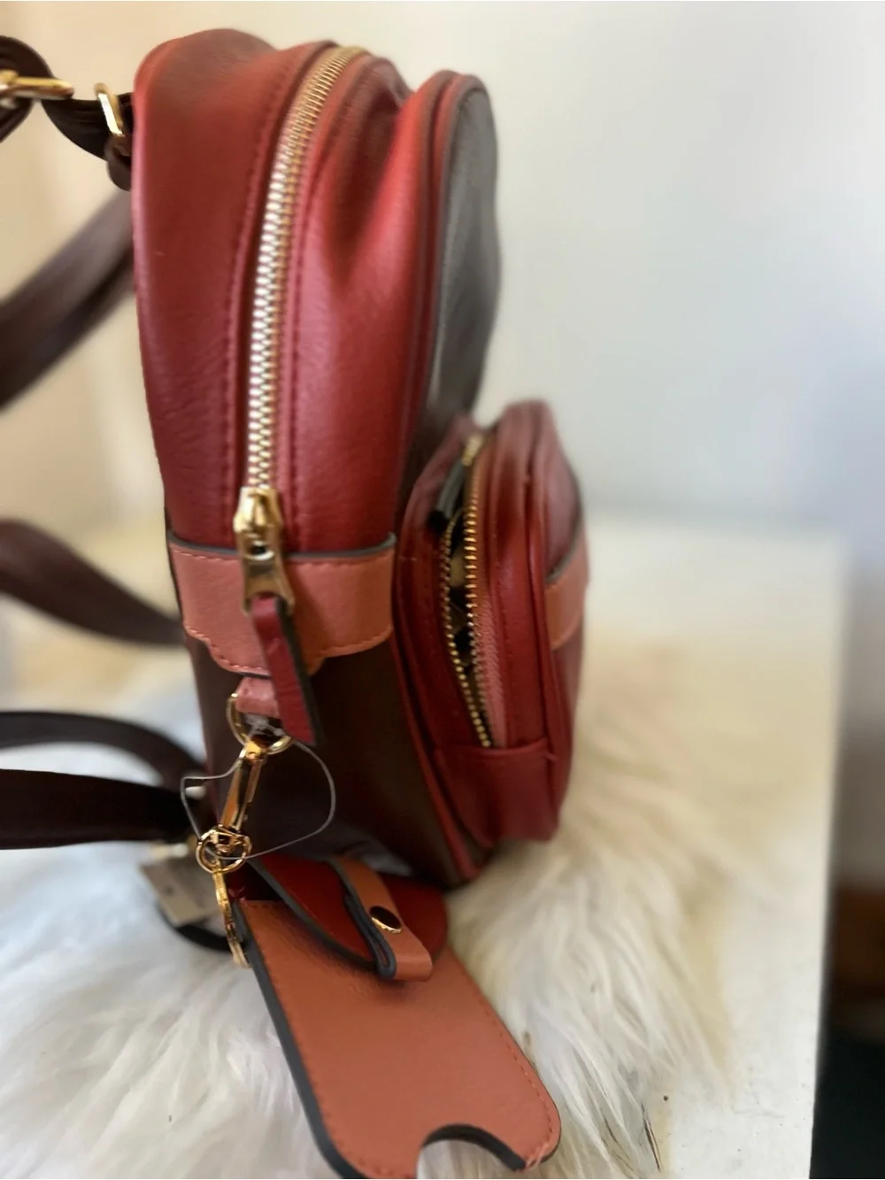 No boundaries Compact Two-Tone Leather Mini Backpack in Red and Brown new